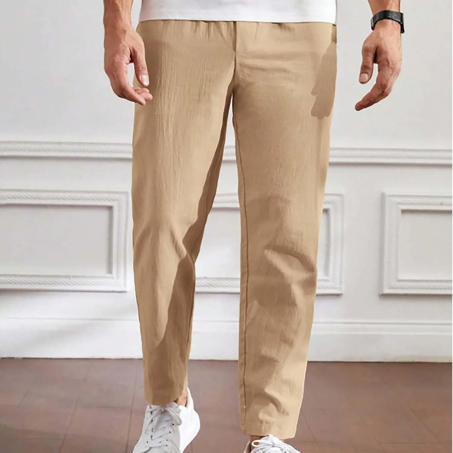 Mens Summer Cropped Pants Casual Elastic Waist Slim Fit Ankle Length Trousers with Pockets Stretch Drawstring Sweatpants