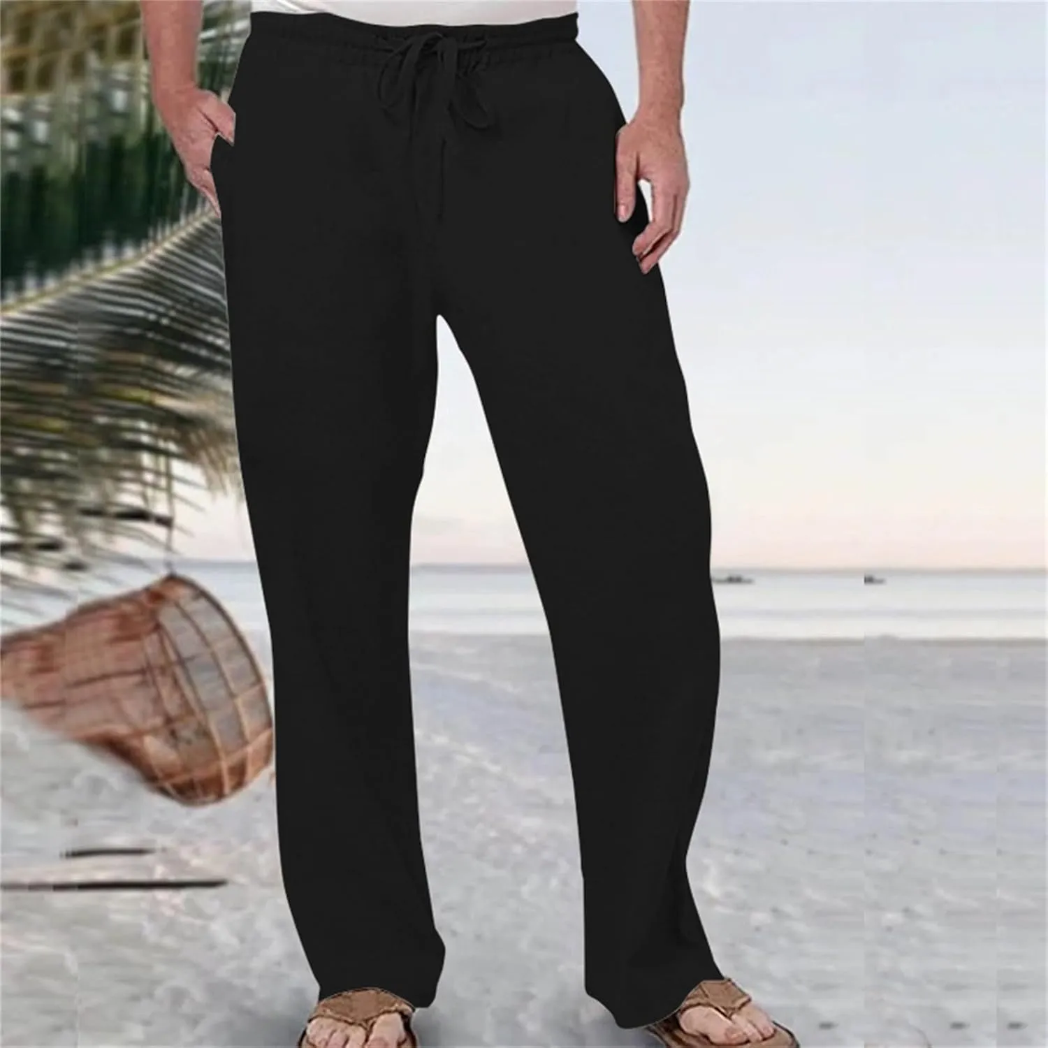 Men's Summer Linen Pants Baggy Straight Leg Trousers Plain Elastic Waist Trousers Casual Travel Pants with Pockets