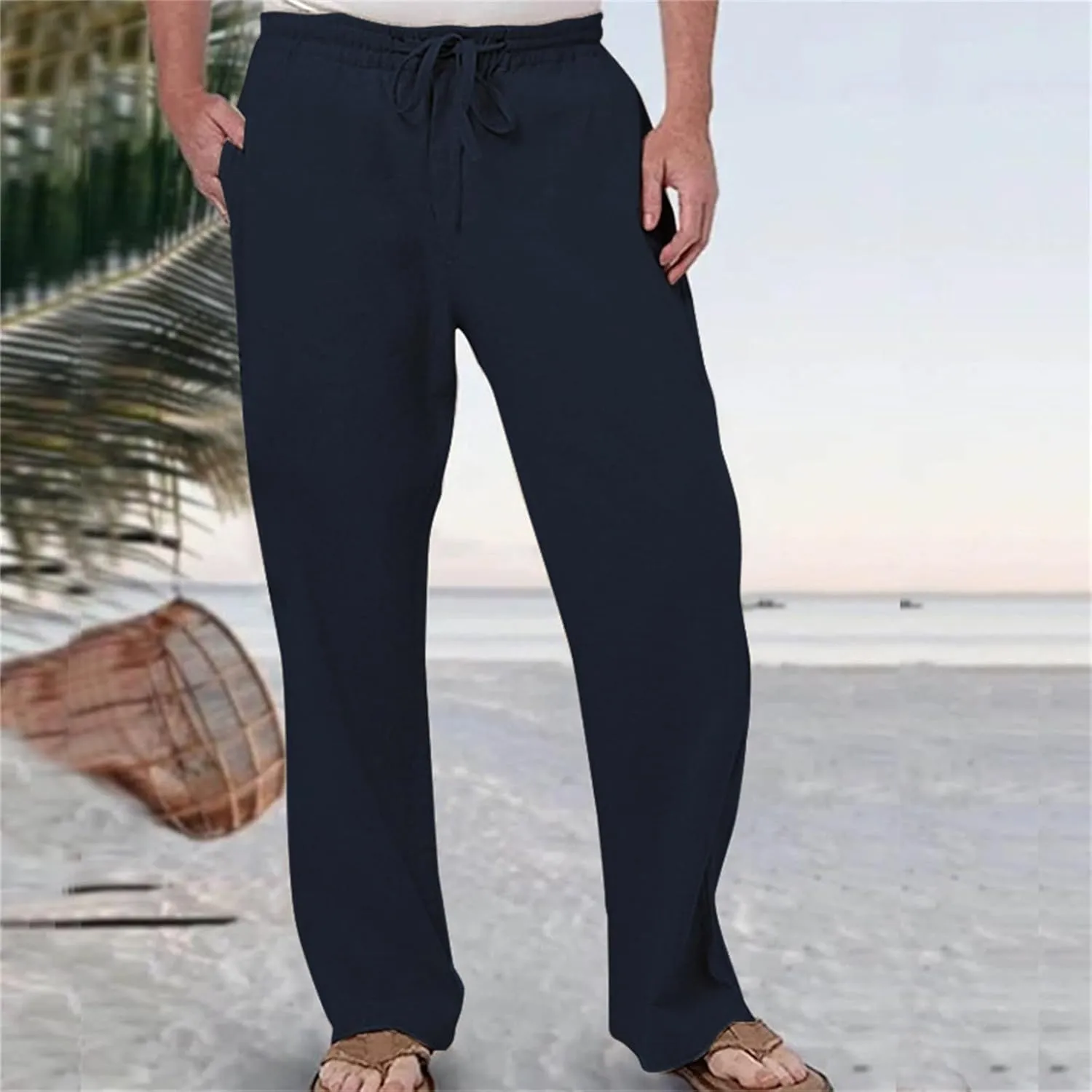 Men's Summer Linen Pants Baggy Straight Leg Trousers Plain Elastic Waist Trousers Casual Travel Pants with Pockets