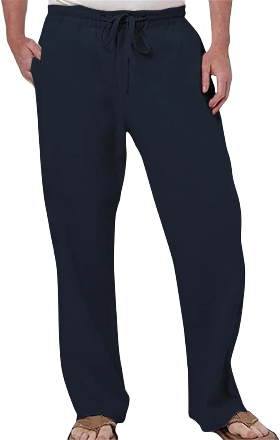 Men's Summer Linen Pants Baggy Straight Leg Trousers Plain Elastic Waist Trousers Casual Travel Pants with Pockets