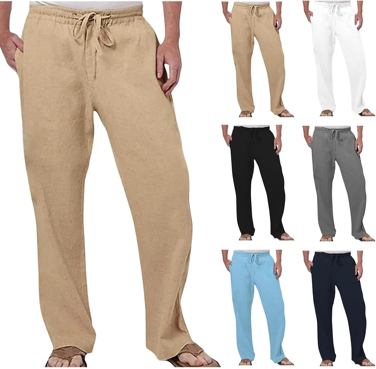 Men's Summer Linen Pants Baggy Straight Leg Trousers Plain Elastic Waist Trousers Casual Travel Pants with Pockets
