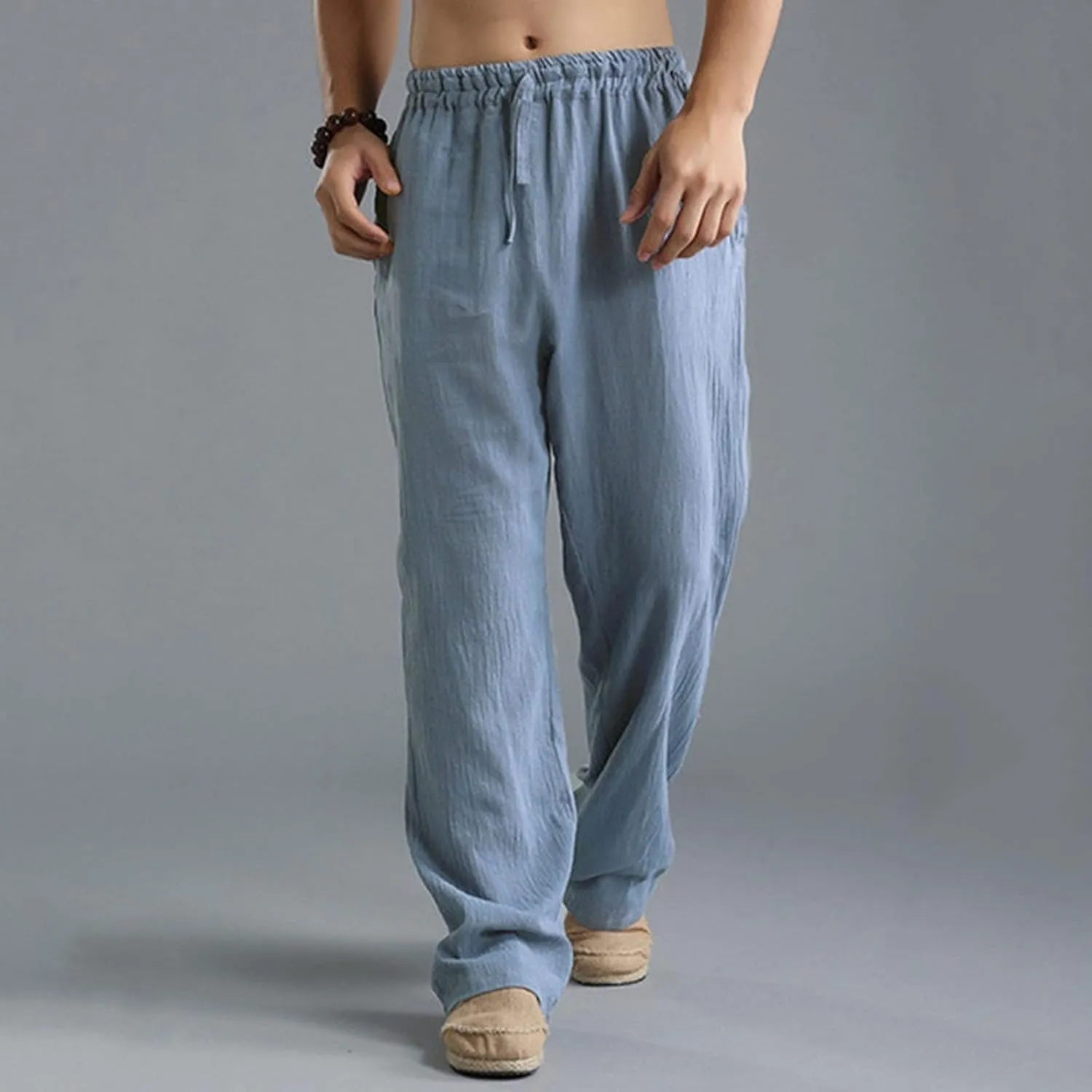 Men's Summer Pants Drawstring Waist Plain Casual Pants Lightweight Vacation Beach Slacks Plus Size Baggy Trousers