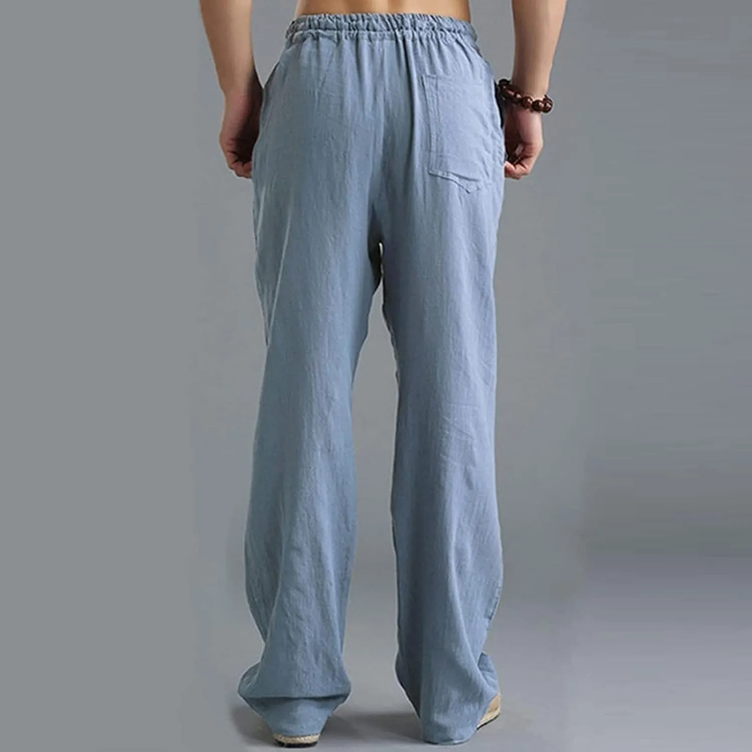 Men's Summer Pants Drawstring Waist Plain Casual Pants Lightweight Vacation Beach Slacks Plus Size Baggy Trousers