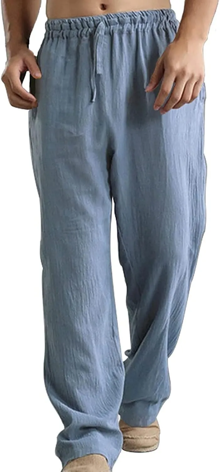 Men's Summer Pants Drawstring Waist Plain Casual Pants Lightweight Vacation Beach Slacks Plus Size Baggy Trousers