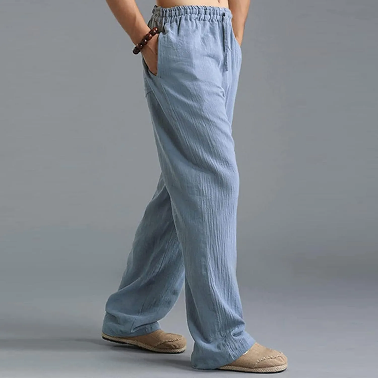 Men's Summer Pants Drawstring Waist Plain Casual Pants Lightweight Vacation Beach Slacks Plus Size Baggy Trousers