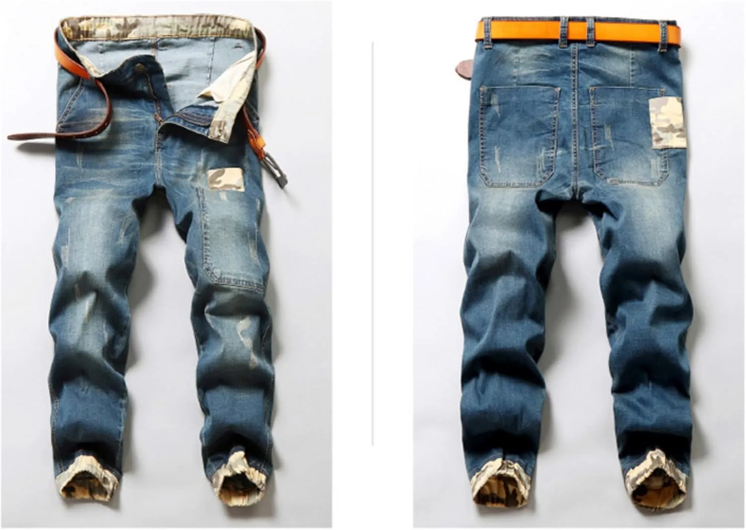 Men's Vintage Ripped Hip Hop Jeans Distressed Side Pocket Stretch Denim Pants Patches Slim Fit Harem Jean Trousers