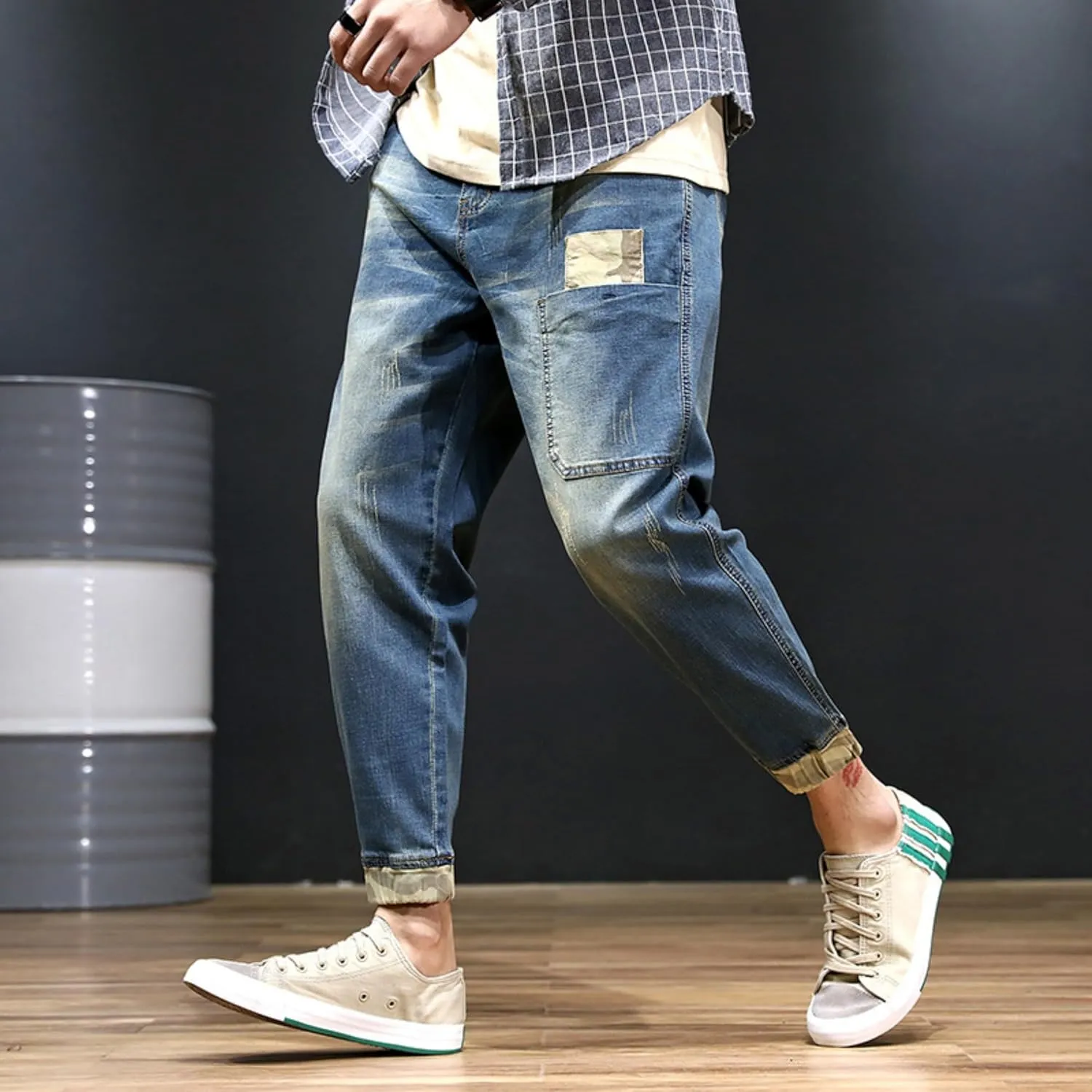 Men's Vintage Ripped Hip Hop Jeans Distressed Side Pocket Stretch Denim Pants Patches Slim Fit Harem Jean Trousers