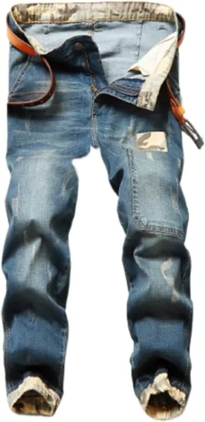 Men's Vintage Ripped Hip Hop Jeans Distressed Side Pocket Stretch Denim Pants Patches Slim Fit Harem Jean Trousers