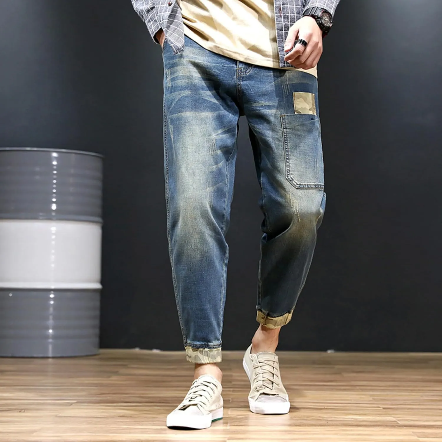 Men's Vintage Ripped Hip Hop Jeans Distressed Side Pocket Stretch Denim Pants Patches Slim Fit Harem Jean Trousers