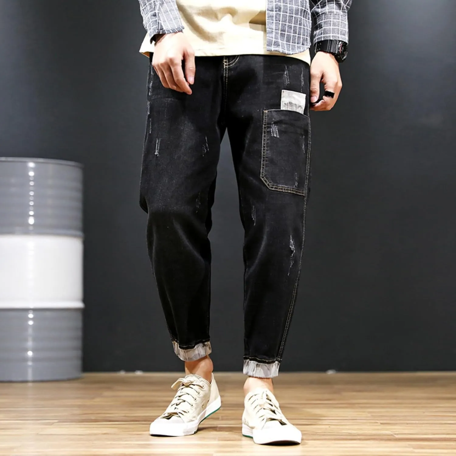 Men's Vintage Ripped Hip Hop Jeans Distressed Side Pocket Stretch Denim Pants Patches Slim Fit Harem Jean Trousers