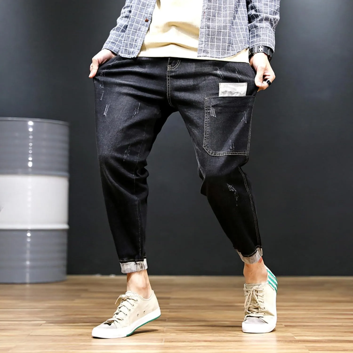 Men's Vintage Ripped Hip Hop Jeans Distressed Side Pocket Stretch Denim Pants Patches Slim Fit Harem Jean Trousers