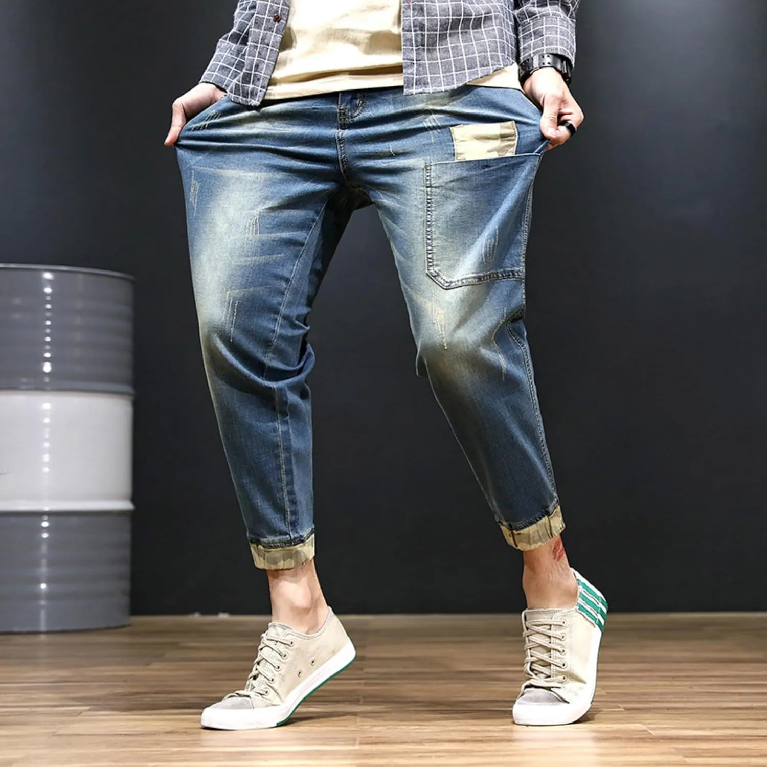 Men's Vintage Ripped Hip Hop Jeans Distressed Side Pocket Stretch Denim Pants Patches Slim Fit Harem Jean Trousers