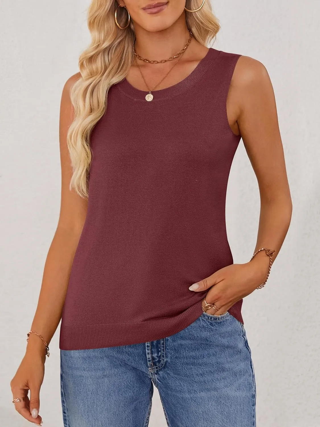 MEROKEETY Women's Summer Casual Sleeveless Tank Tops 2025 Crew Neck Knit Basic Trendy T Shirts