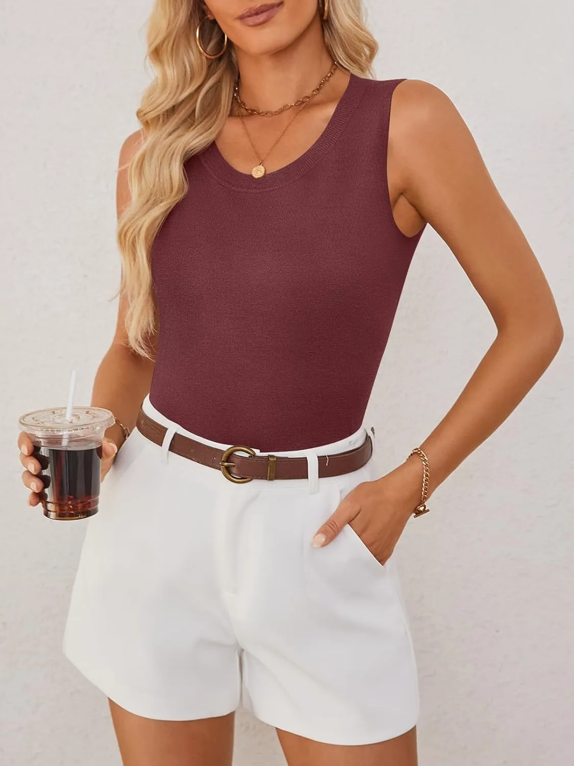 MEROKEETY Women's Summer Casual Sleeveless Tank Tops 2025 Crew Neck Knit Basic Trendy T Shirts