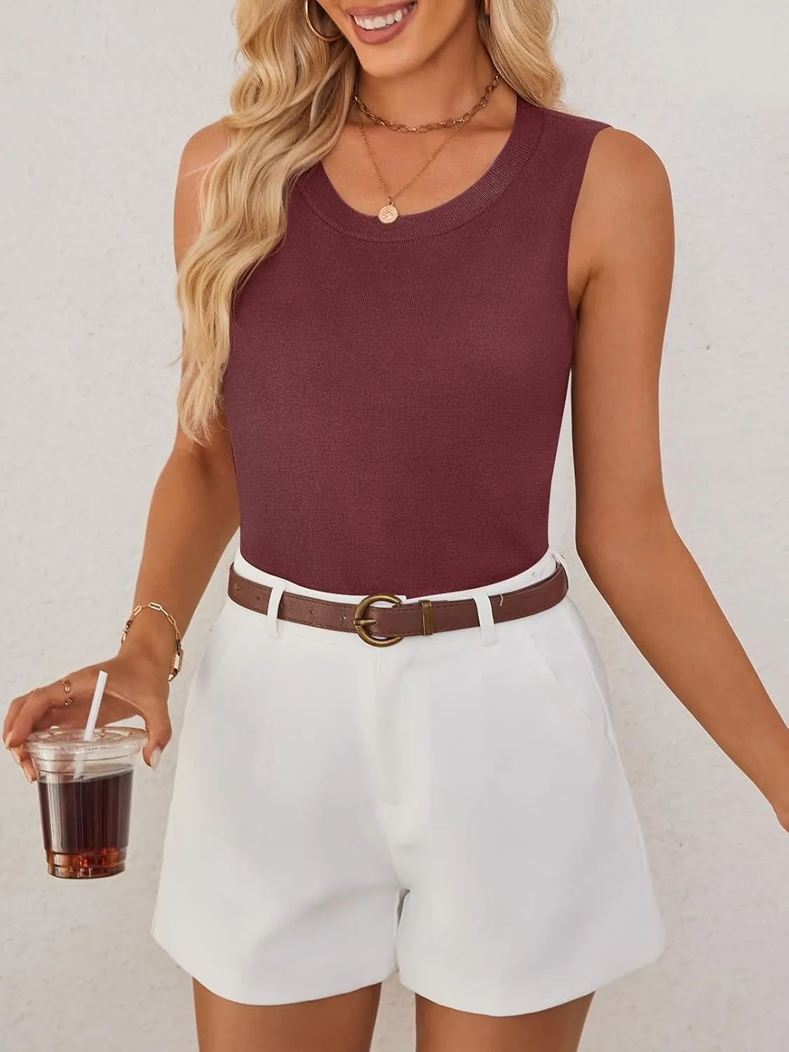 MEROKEETY Women's Summer Casual Sleeveless Tank Tops 2025 Crew Neck Knit Basic Trendy T Shirts