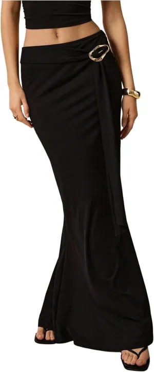 Milumia Women's Metallic Ring Linked Maxi Skirt Bodycon Elegant Flared Long Skirts