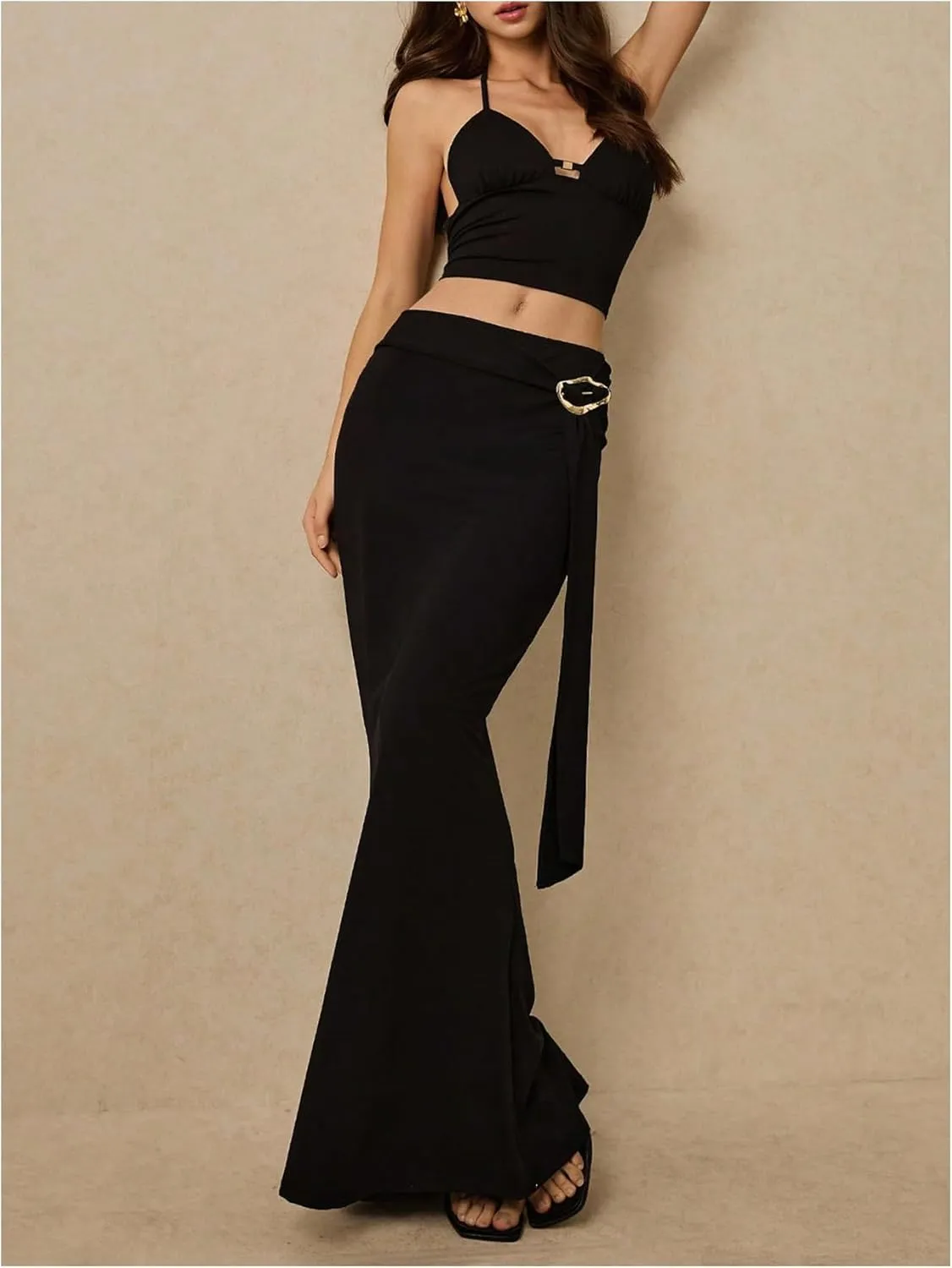 Milumia Women's Metallic Ring Linked Maxi Skirt Bodycon Elegant Flared Long Skirts