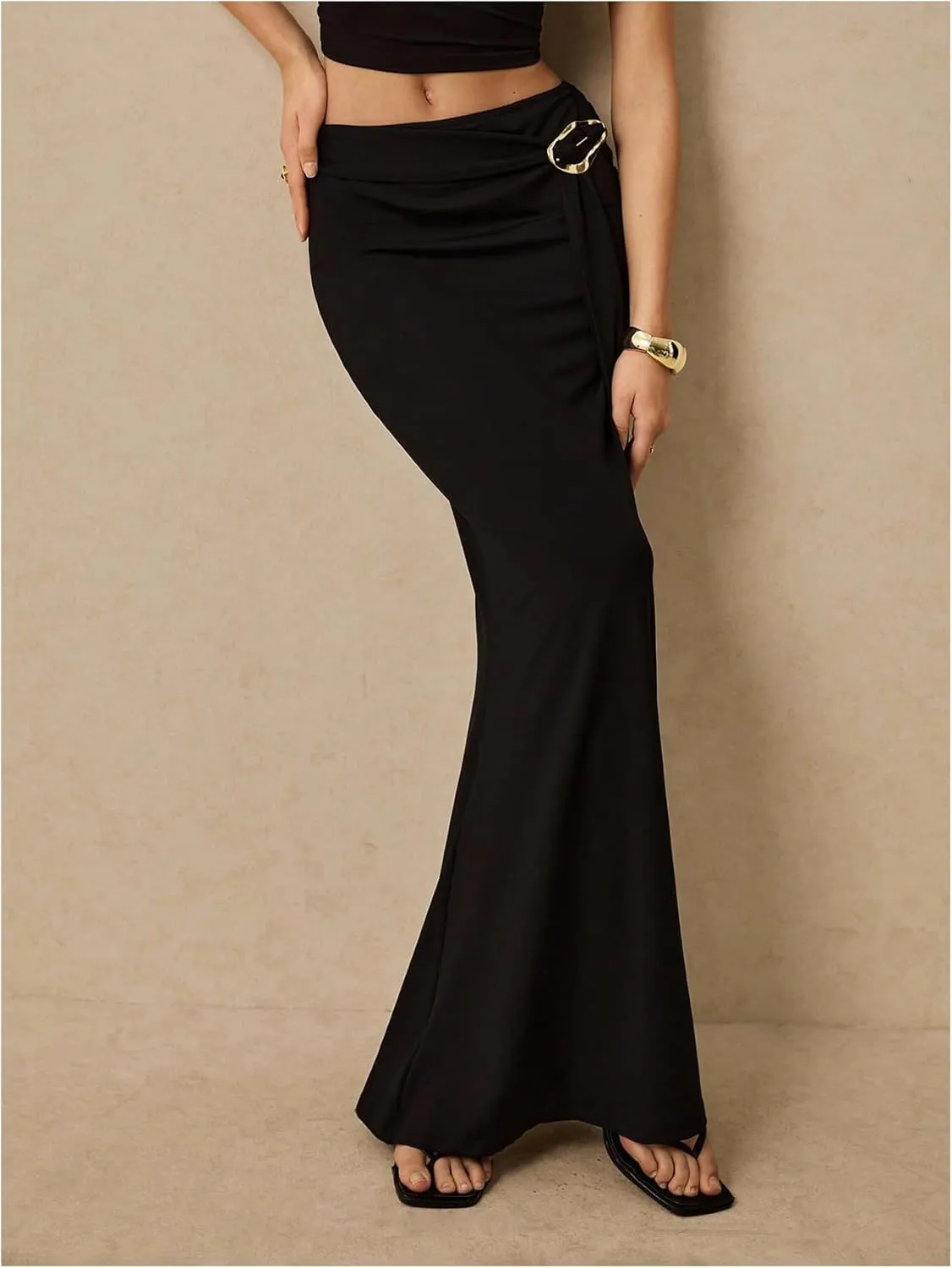 Milumia Women's Metallic Ring Linked Maxi Skirt Bodycon Elegant Flared Long Skirts