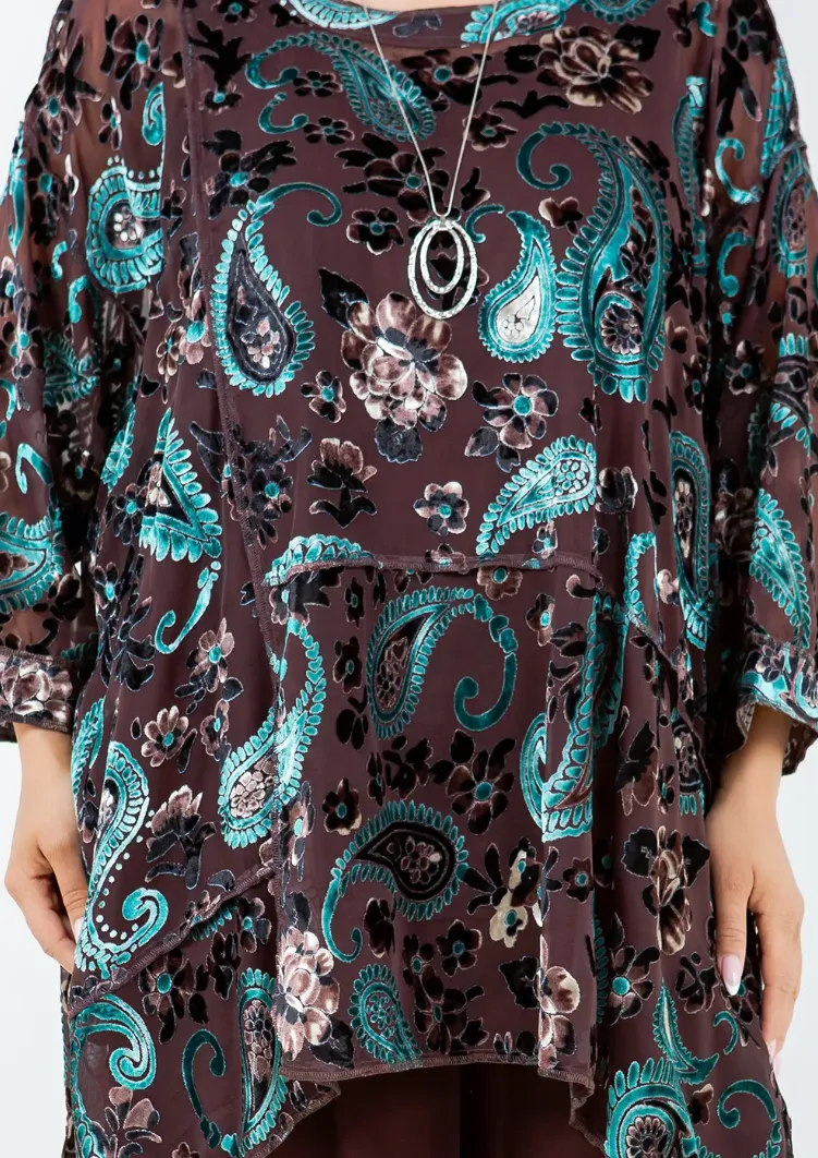 Mosaic Paisley & Roses hi-low Tunic Top Boho Hippie Chic Resort Wear Sml-10X