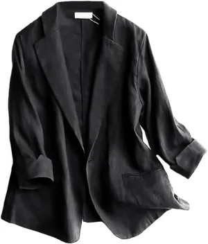 Mywinway Womens Casual 3/4 Sleeve Lightweight Summer Spring Cotton Linen Blazer Jackets
