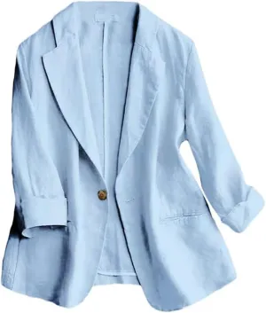 Mywinway Womens Casual 3/4 Sleeve Lightweight Summer Spring Cotton Linen Blazer Jackets