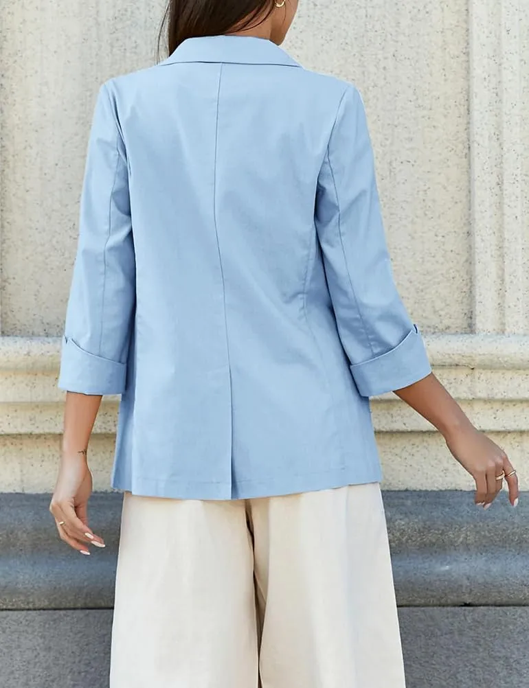 Mywinway Womens Casual 3/4 Sleeve Lightweight Summer Spring Cotton Linen Blazer Jackets