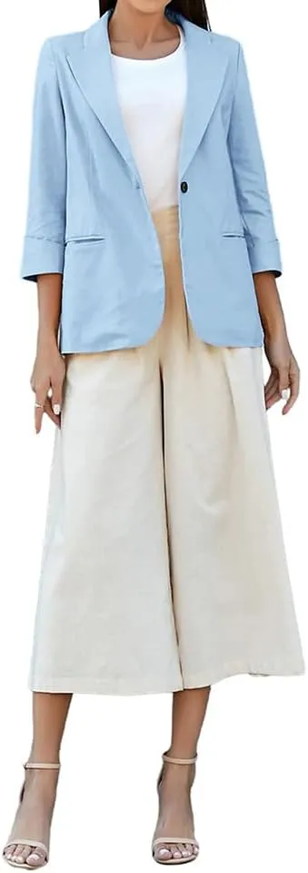 Mywinway Womens Casual 3/4 Sleeve Lightweight Summer Spring Cotton Linen Blazer Jackets