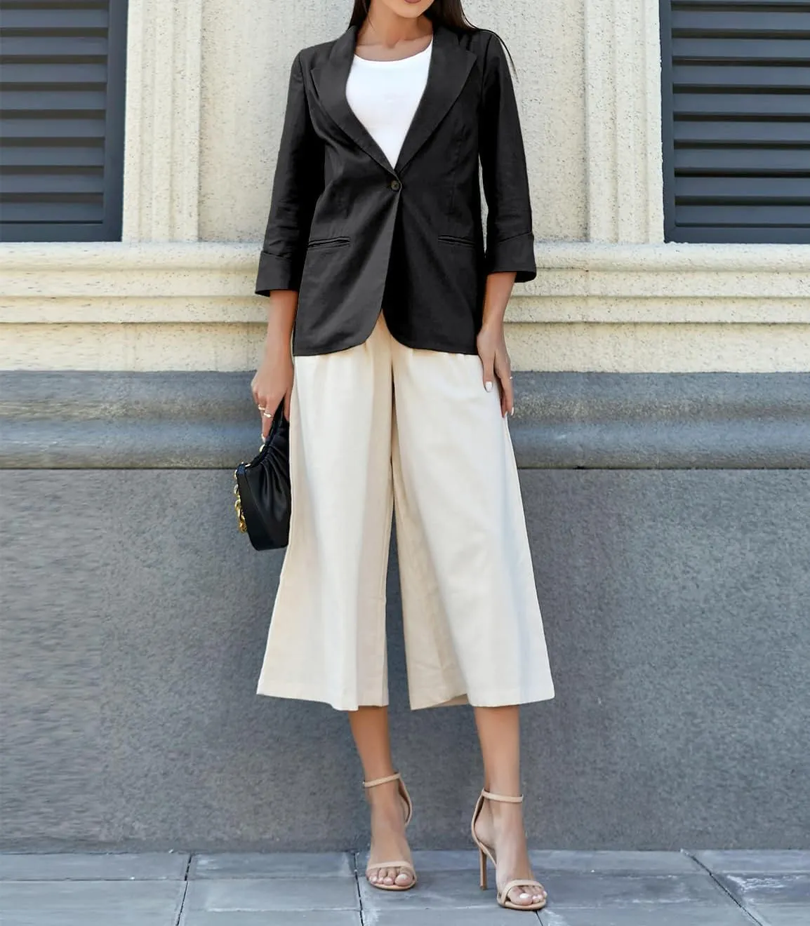 Mywinway Womens Casual 3/4 Sleeve Lightweight Summer Spring Cotton Linen Blazer Jackets