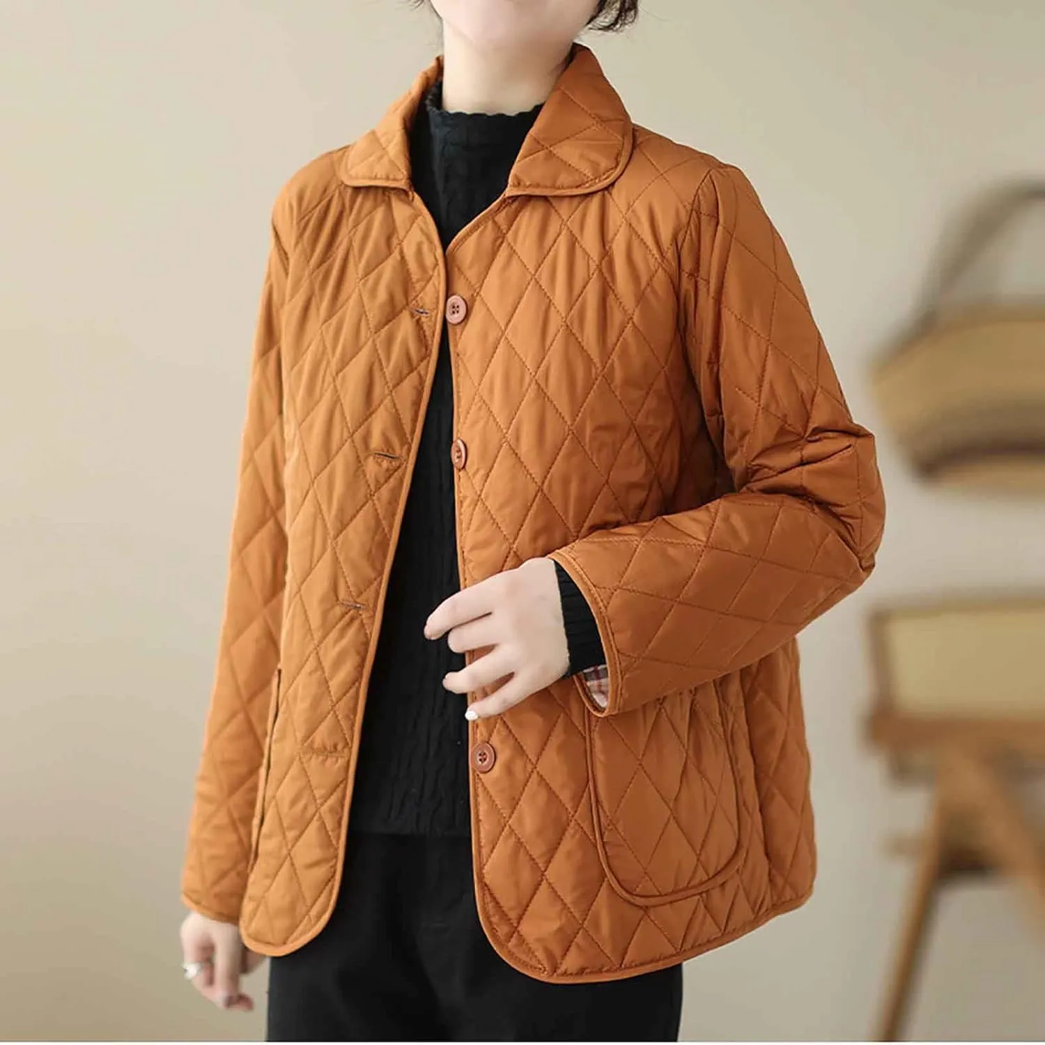 NATHGAM Lightweight Quilted Jackets for Women Winter Loose Fitted Diamond Padded Coats Textured Button Down Cotton Outwears