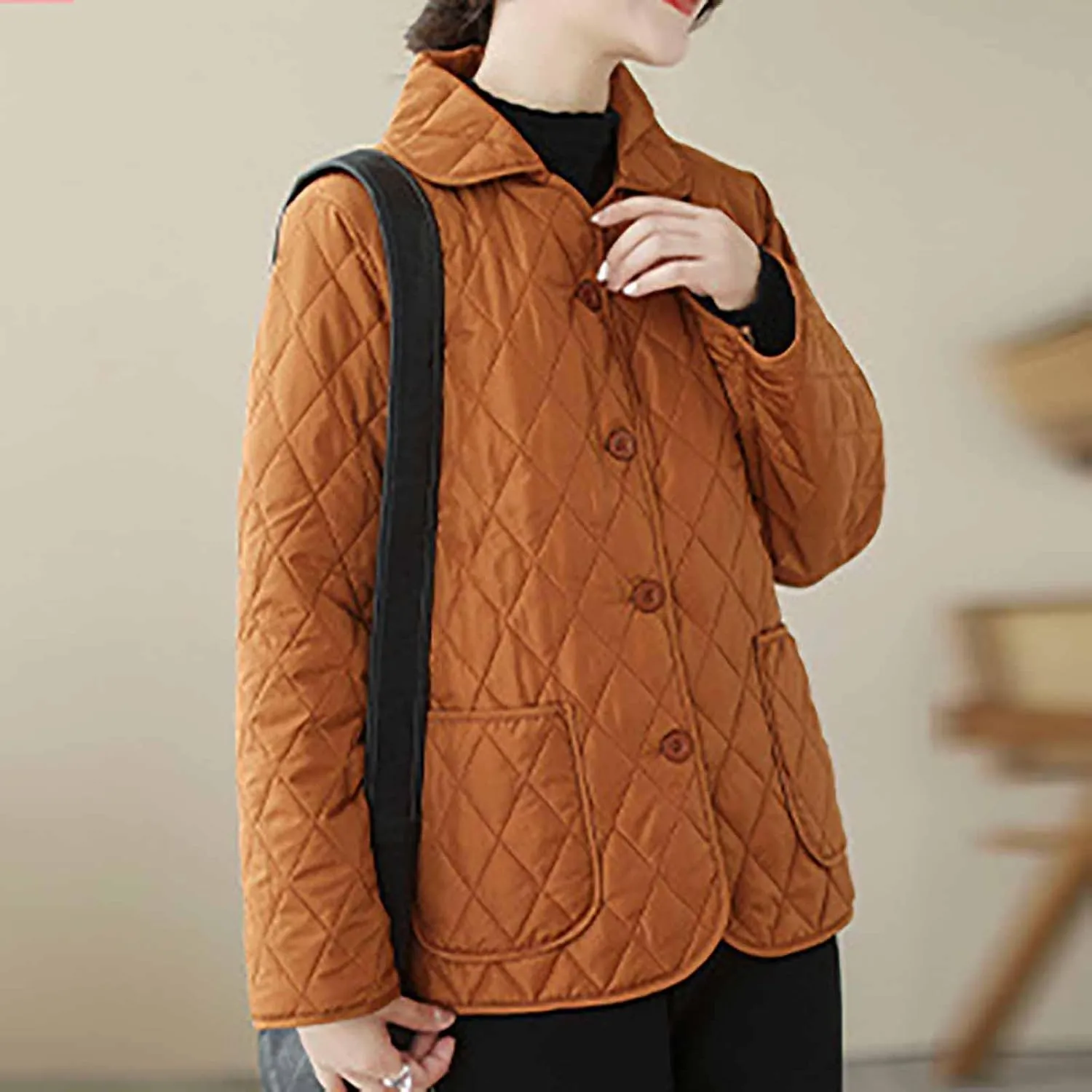 NATHGAM Lightweight Quilted Jackets for Women Winter Loose Fitted Diamond Padded Coats Textured Button Down Cotton Outwears