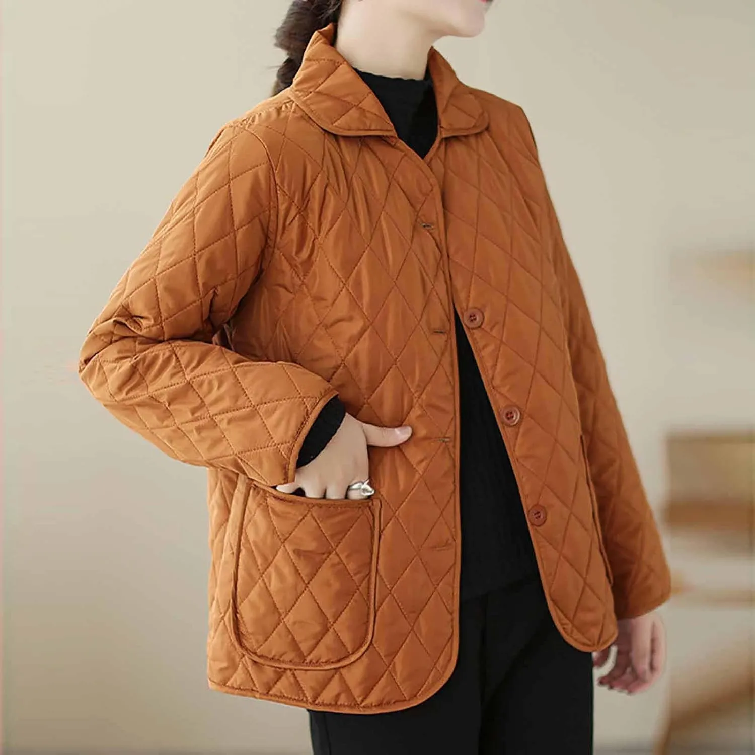 NATHGAM Lightweight Quilted Jackets for Women Winter Loose Fitted Diamond Padded Coats Textured Button Down Cotton Outwears