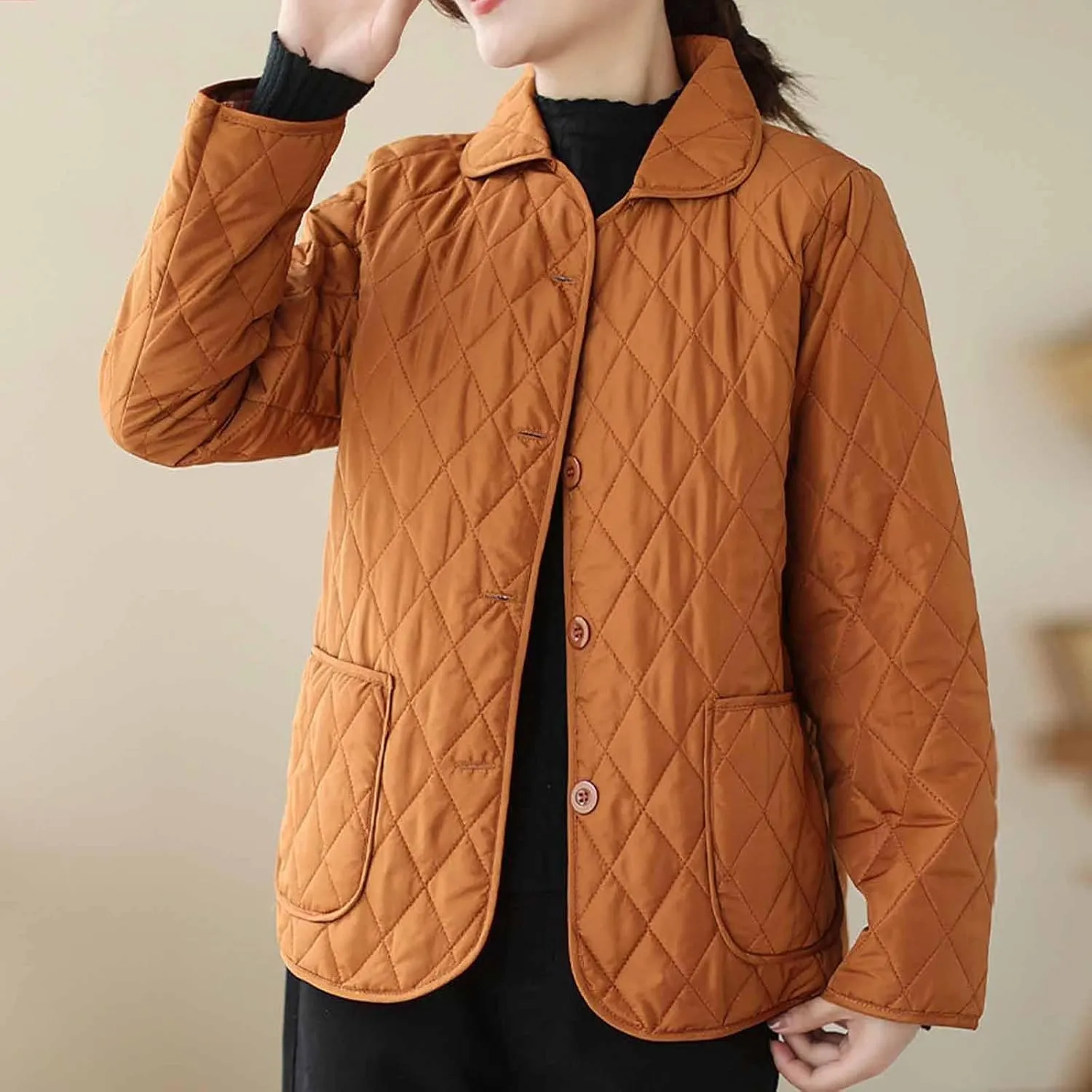 NATHGAM Lightweight Quilted Jackets for Women Winter Loose Fitted Diamond Padded Coats Textured Button Down Cotton Outwears