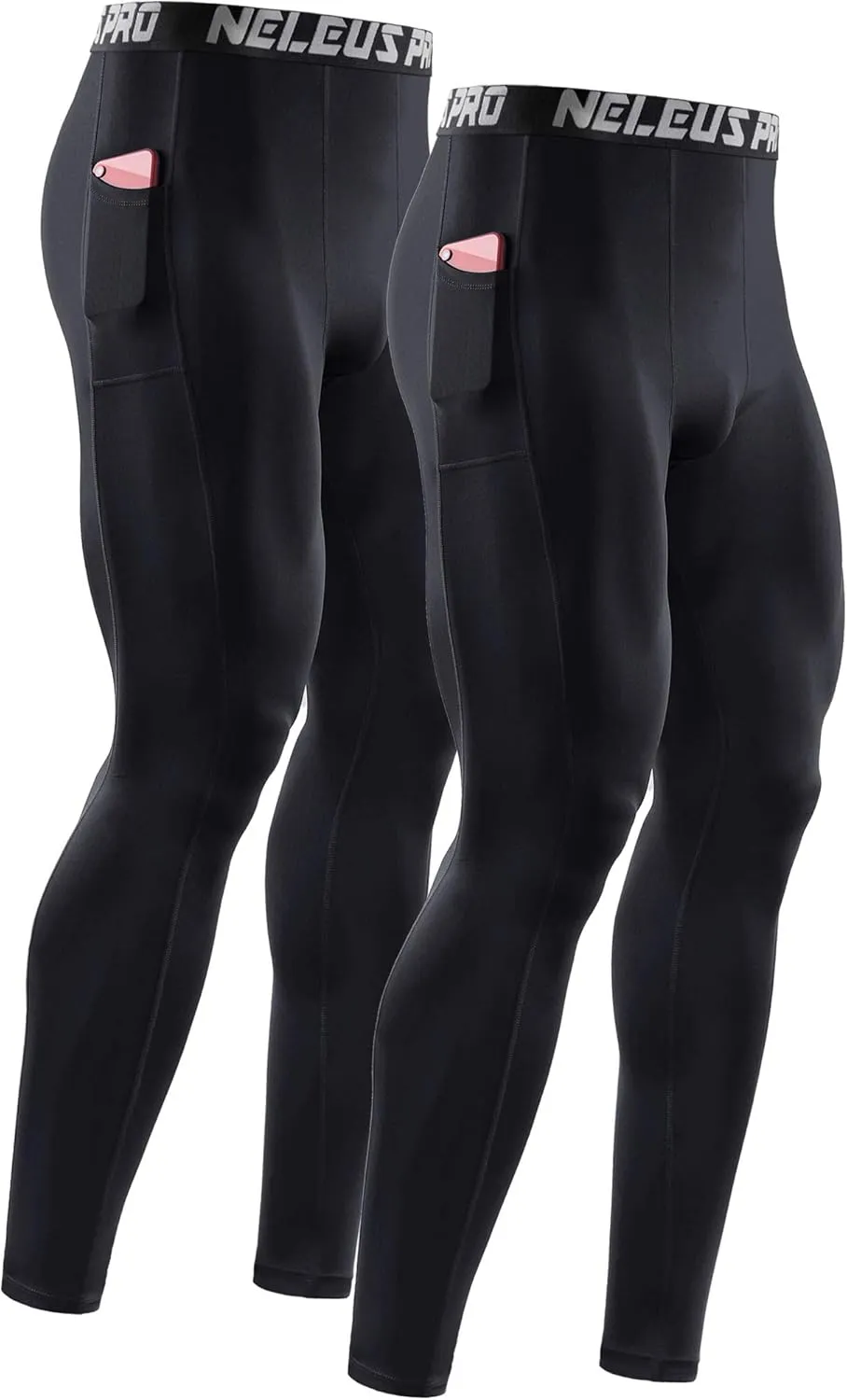 NELEUS Men's Dry Fit Compression Baselayer Pants Running Tights Leggings with Phone Pocket
