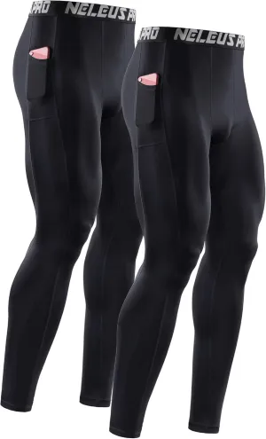 NELEUS Men's Dry Fit Compression Baselayer Pants Running Tights Leggings with Phone Pocket
