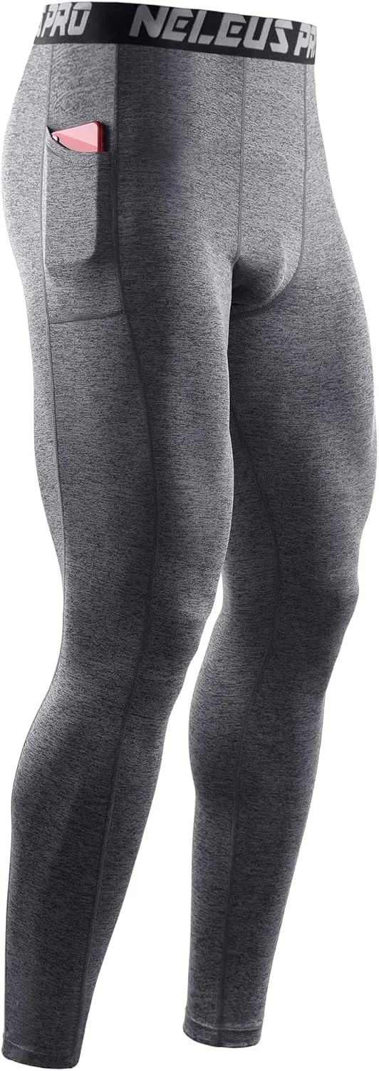 NELEUS Men's Dry Fit Compression Baselayer Pants Running Tights Leggings with Phone Pocket