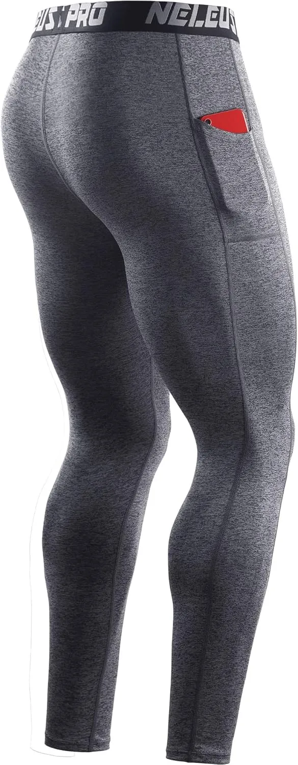 NELEUS Men's Dry Fit Compression Baselayer Pants Running Tights Leggings with Phone Pocket
