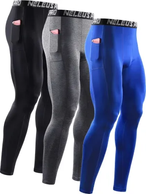 NELEUS Men's Dry Fit Compression Baselayer Pants Running Tights Leggings with Phone Pocket