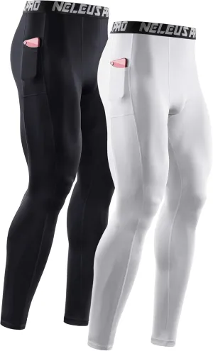 NELEUS Men's Dry Fit Compression Baselayer Pants Running Tights Leggings with Phone Pocket