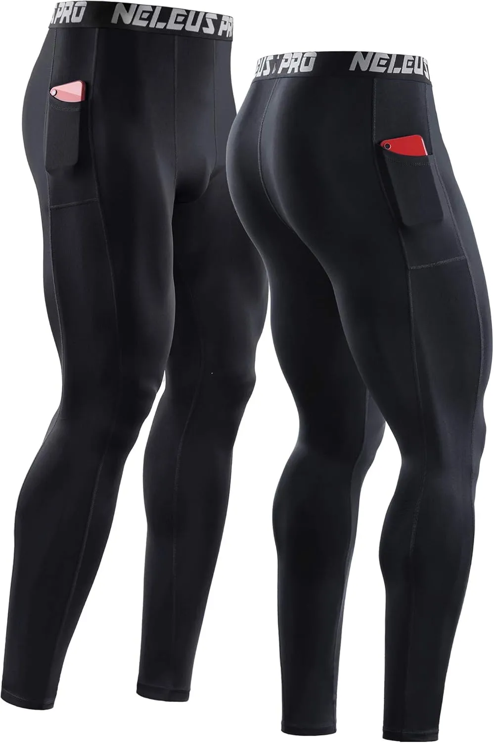 NELEUS Men's Dry Fit Compression Baselayer Pants Running Tights Leggings with Phone Pocket