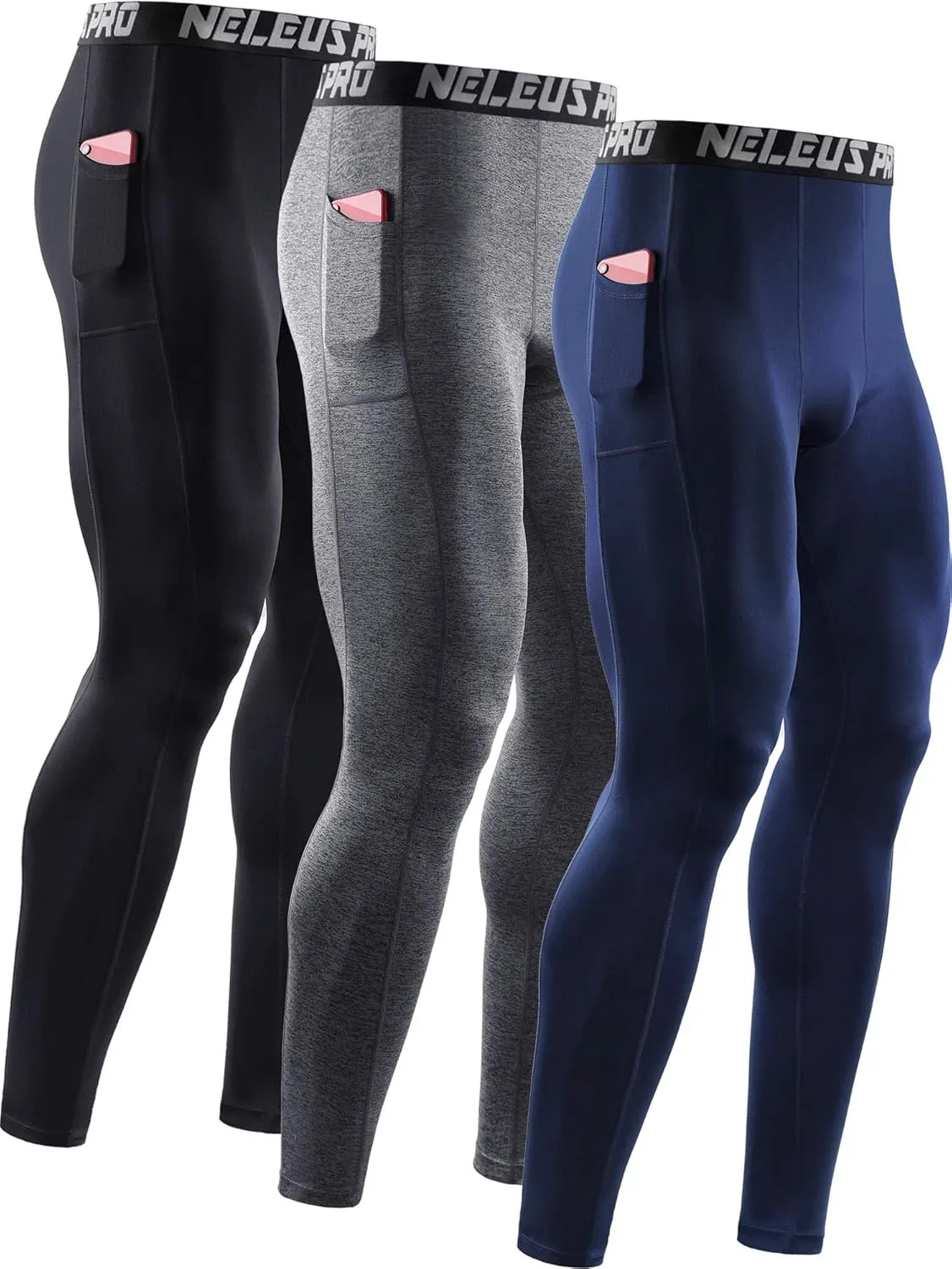 NELEUS Men's Dry Fit Compression Baselayer Pants Running Tights Leggings with Phone Pocket