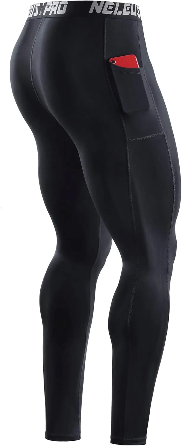 NELEUS Men's Dry Fit Compression Baselayer Pants Running Tights Leggings with Phone Pocket
