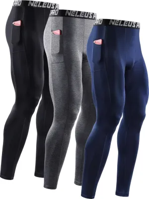 NELEUS Men's Dry Fit Compression Baselayer Pants Running Tights Leggings with Phone Pocket
