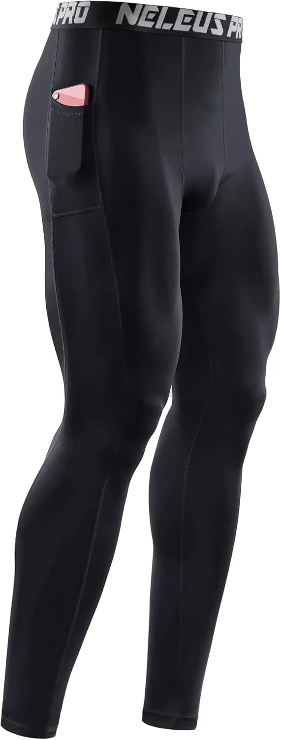 NELEUS Men's Dry Fit Compression Baselayer Pants Running Tights Leggings with Phone Pocket