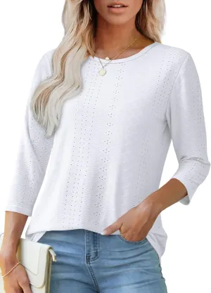 OFEEFAN 3/4 Length Sleeve Womens Tops Dressy Casual Spring Summer Round Neck Loose Fit Casual Eyelet Shirts