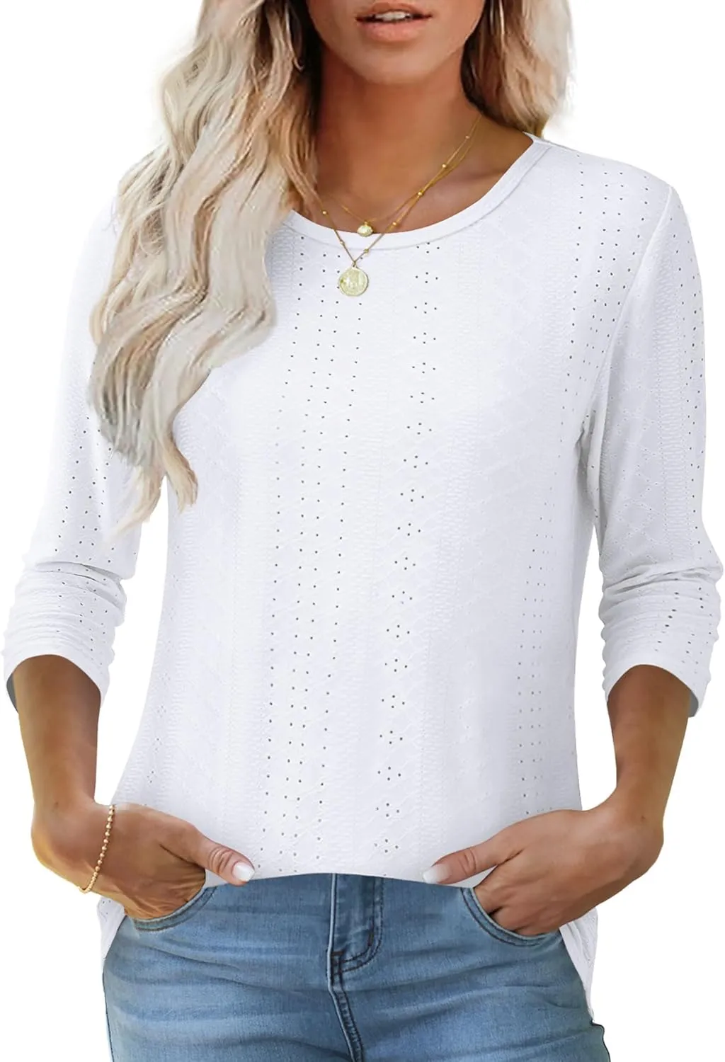 OFEEFAN 3/4 Length Sleeve Womens Tops Dressy Casual Spring Summer Round Neck Loose Fit Casual Eyelet Shirts