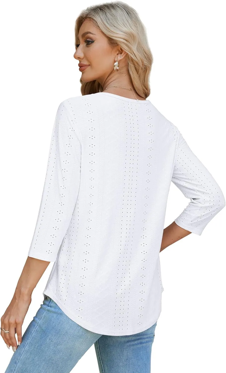 OFEEFAN 3/4 Length Sleeve Womens Tops Dressy Casual Spring Summer Round Neck Loose Fit Casual Eyelet Shirts