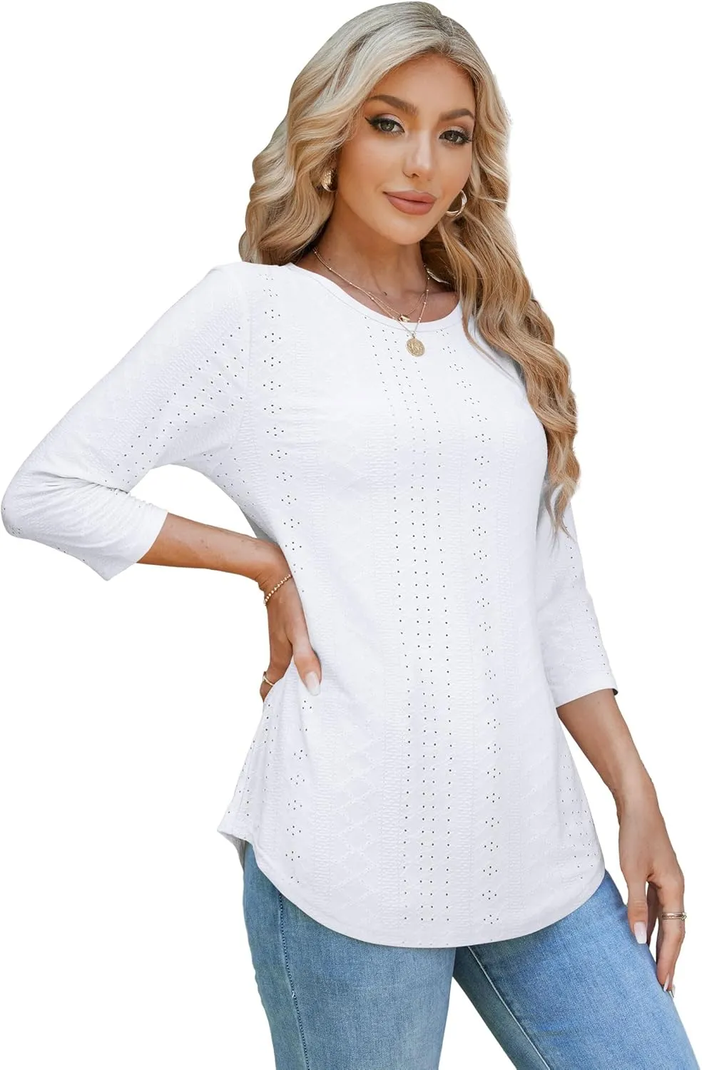OFEEFAN 3/4 Length Sleeve Womens Tops Dressy Casual Spring Summer Round Neck Loose Fit Casual Eyelet Shirts