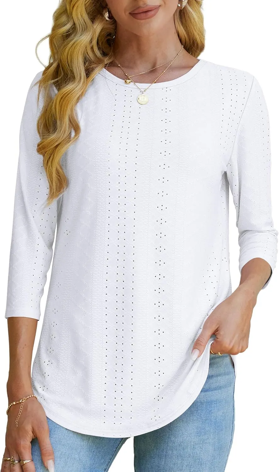 OFEEFAN 3/4 Length Sleeve Womens Tops Dressy Casual Spring Summer Round Neck Loose Fit Casual Eyelet Shirts