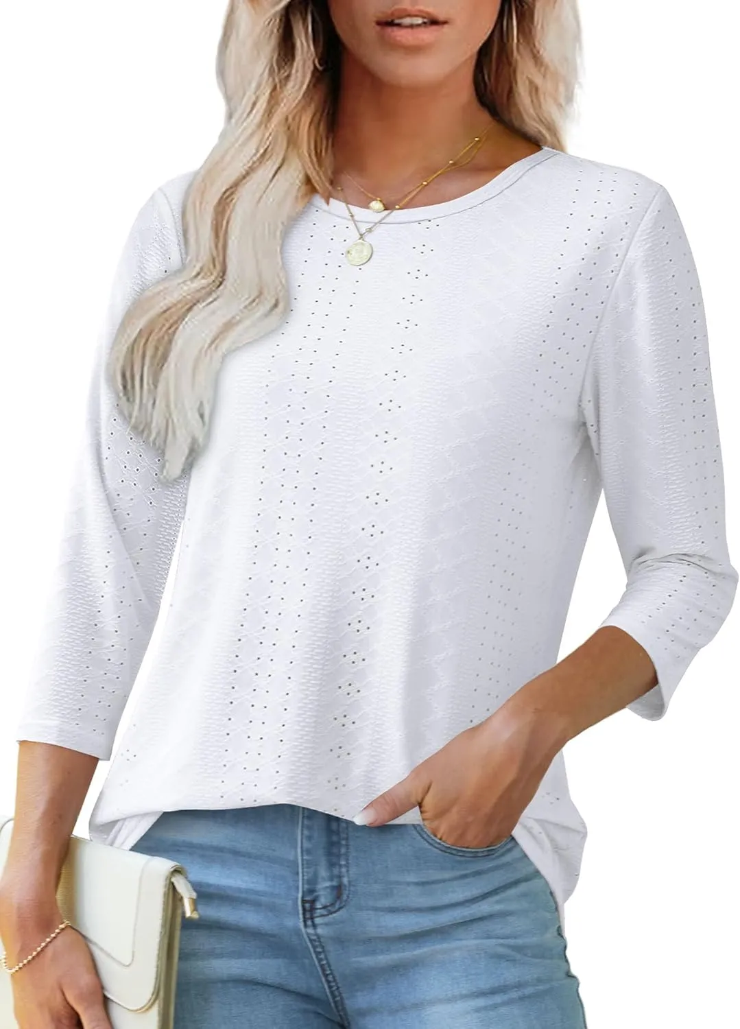 OFEEFAN 3/4 Length Sleeve Womens Tops Dressy Casual Spring Summer Round Neck Loose Fit Casual Eyelet Shirts
