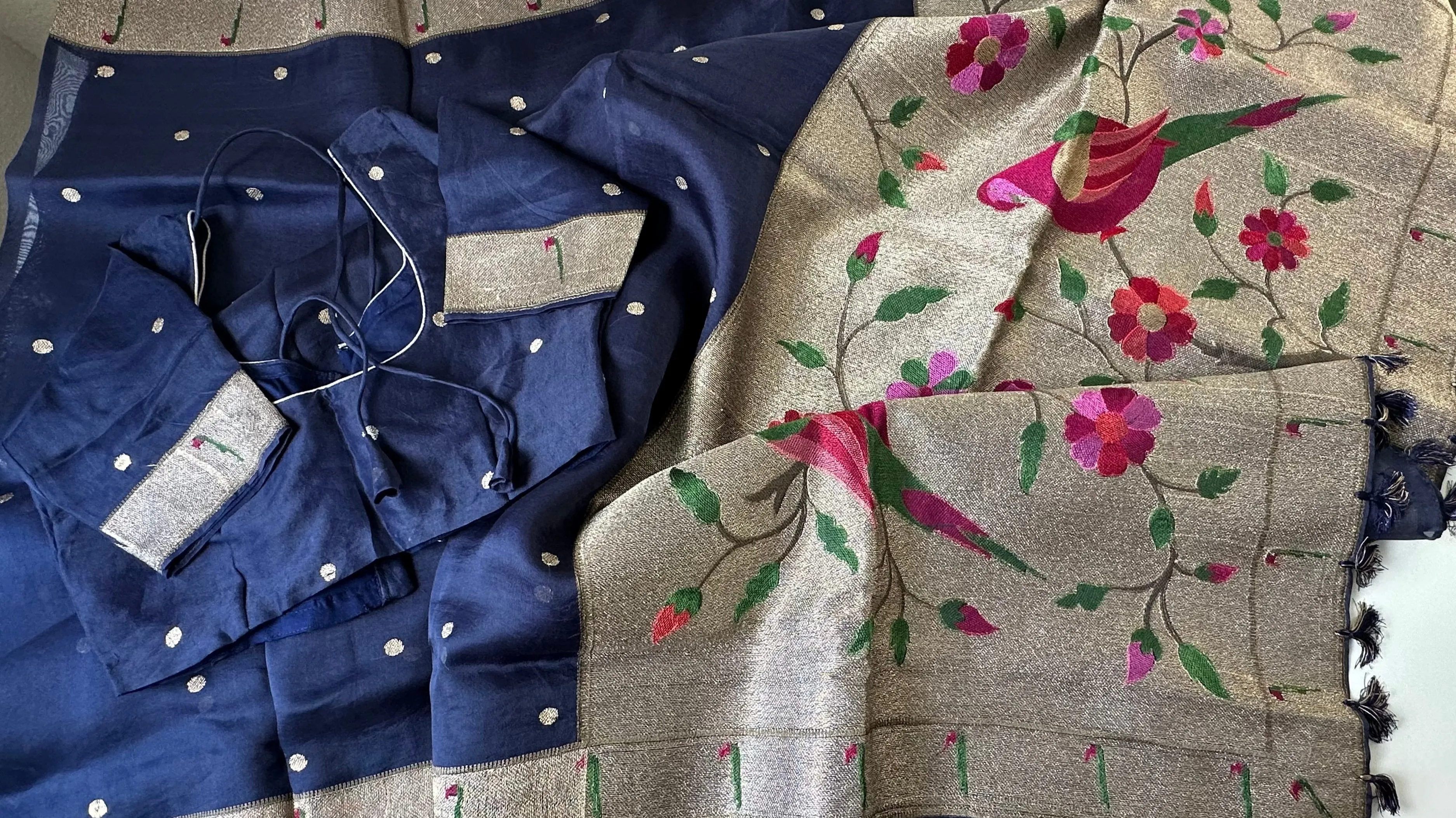 Organza soft weave Blue paithani silver borders with stitched blouse